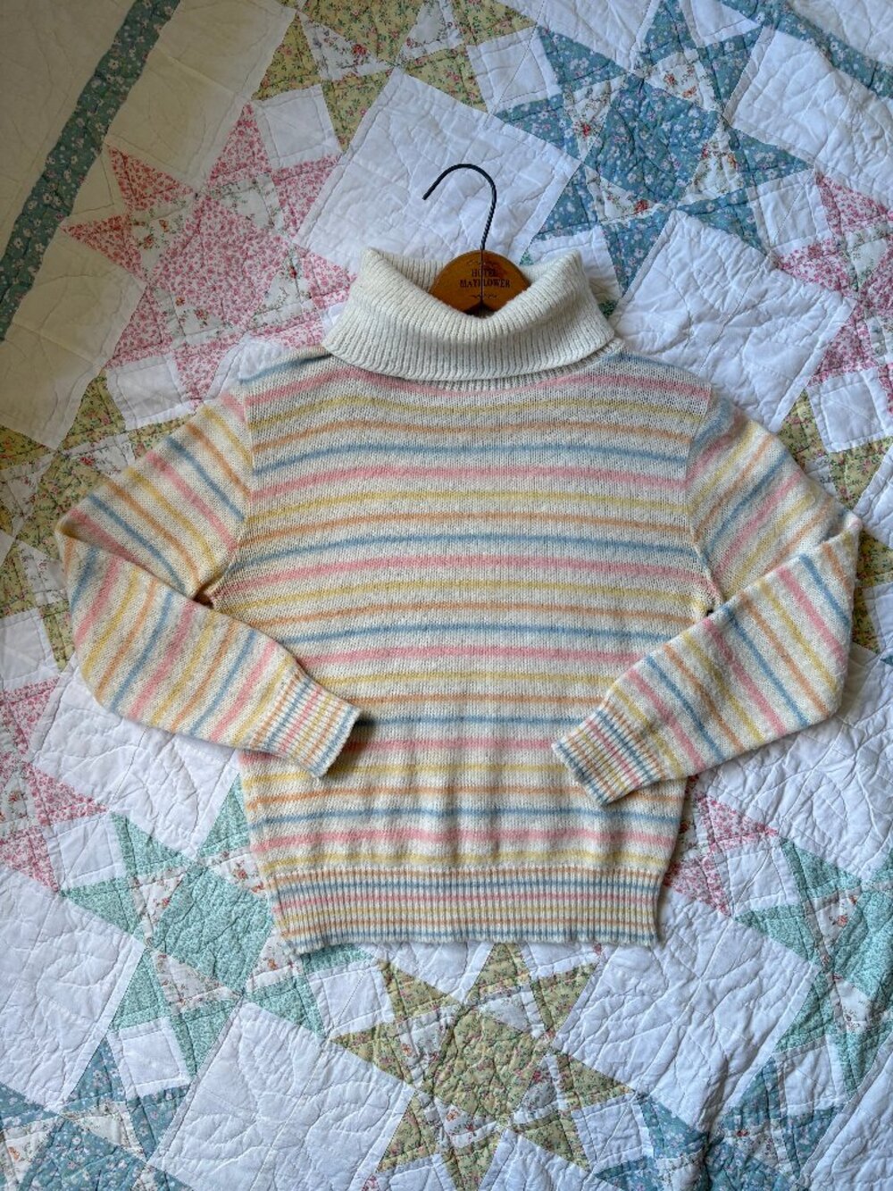 Vintage 60s 70s Pastel Striped Sweater 4 Small Turtleneck Rainbow Cottagecore